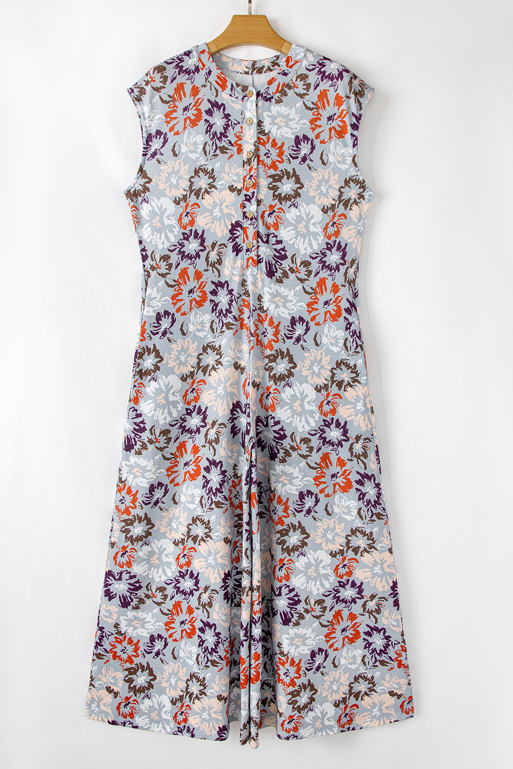 Sky Blue Floral Sleeveless Buttoned Pocketed Wide Leg Jumpsuit