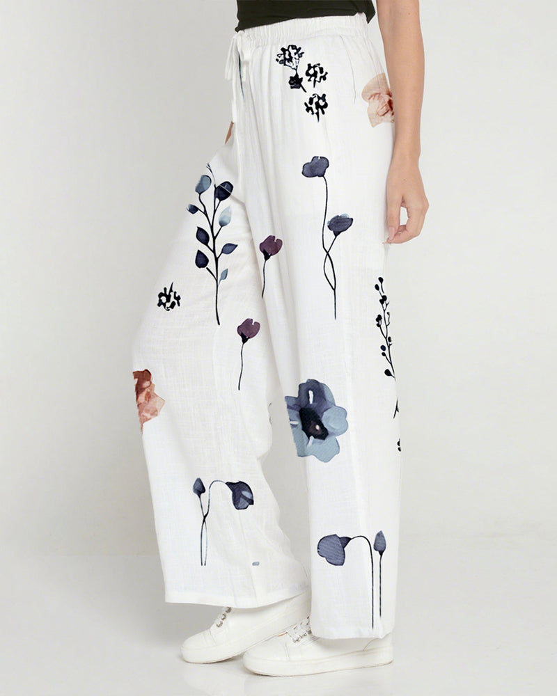 Floral Print High Waist Wide Leg Pants Casual Waist Lace Up Linen Pants with Pockets