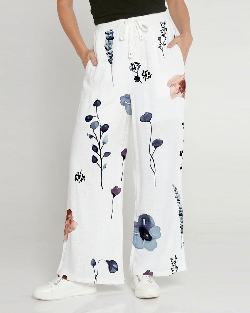 Floral Print High Waist Wide Leg Pants Casual Waist Lace Up Linen Pants with Pockets