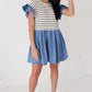Black Stripe Ruffle Denim Patchwork Round Neck Mini Dress