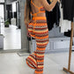 2 Pieces Outfit Striped Print Halter Tied Detail Sleeveless Knit Top and Casual Slim Fit Pants Set