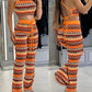 2 Pieces Outfit Striped Print Halter Tied Detail Sleeveless Knit Top and Casual Slim Fit Pants Set