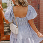 Sky Blue Stripe Bubble Sleeve Square Neck Ruched Pocketed Babydoll Dress