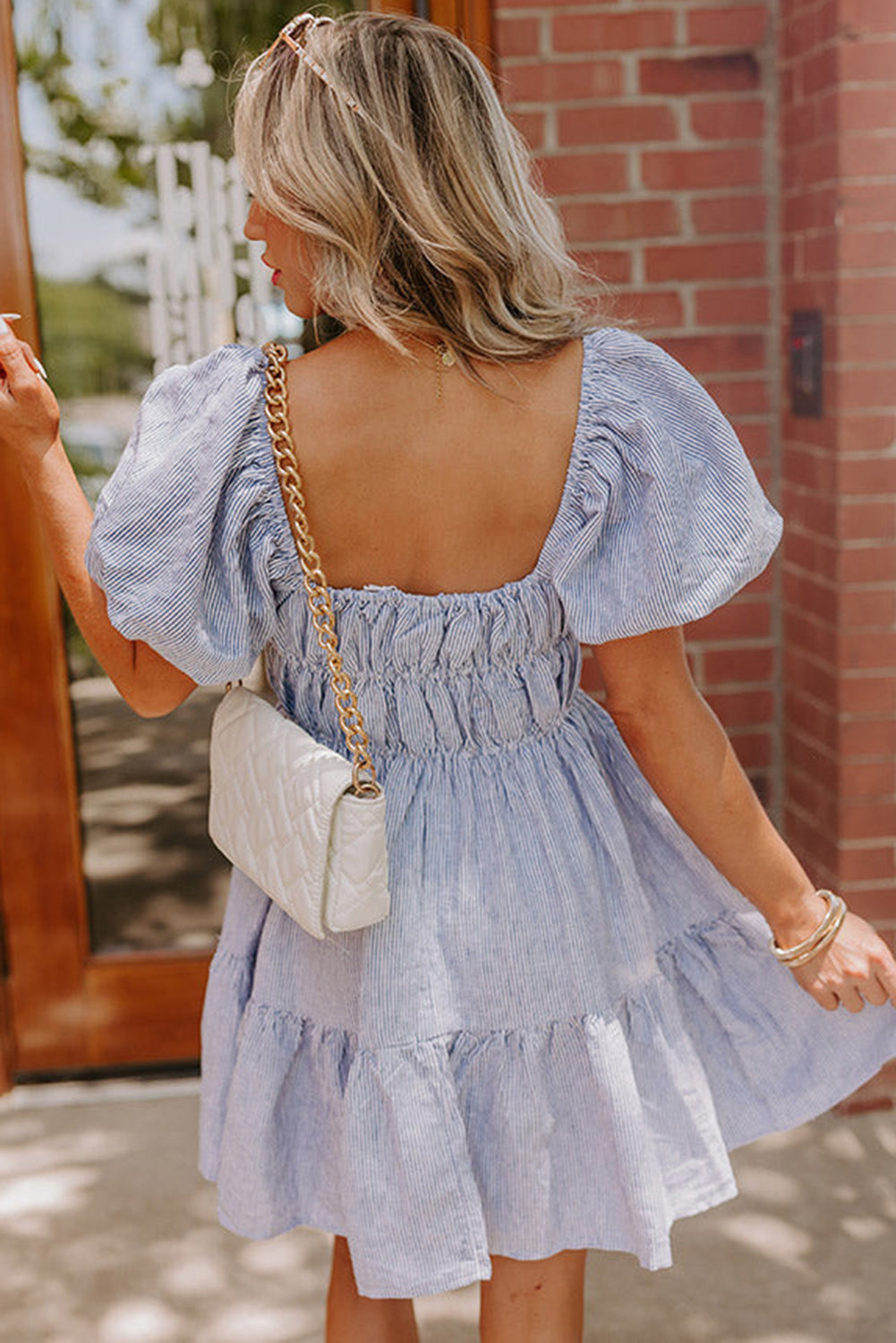 Sky Blue Stripe Bubble Sleeve Square Neck Ruched Pocketed Babydoll Dress