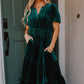 Evergreen Velvet Short Sleeve Shirred Waist Tiered Maxi Dress