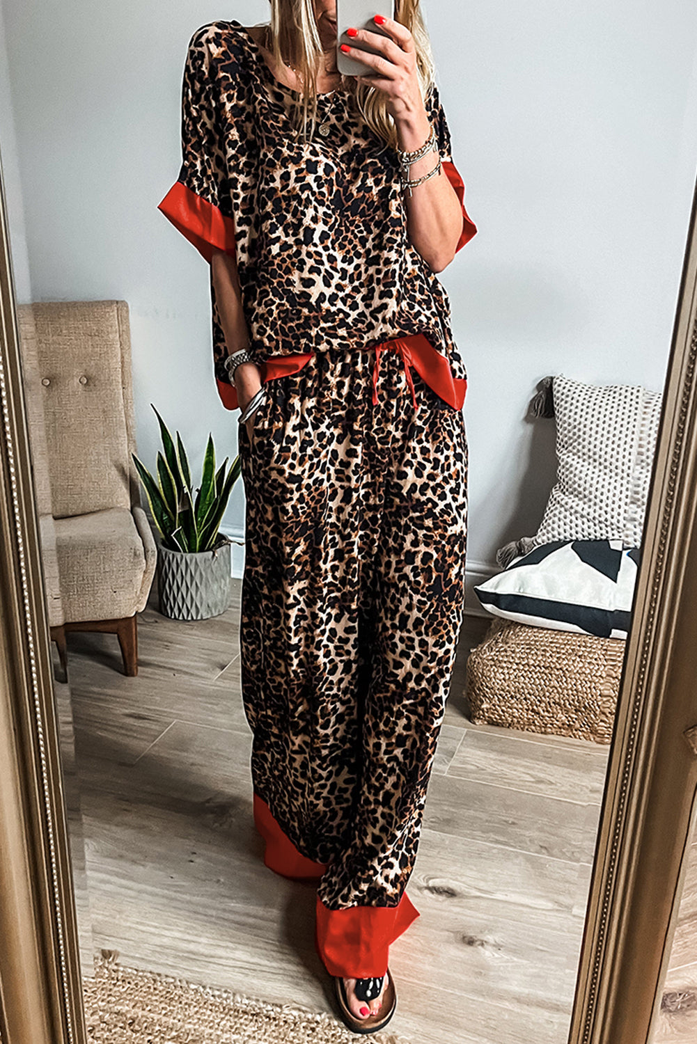 Brown Animal Print Color Contrast Edge Loose Fit Pants Set