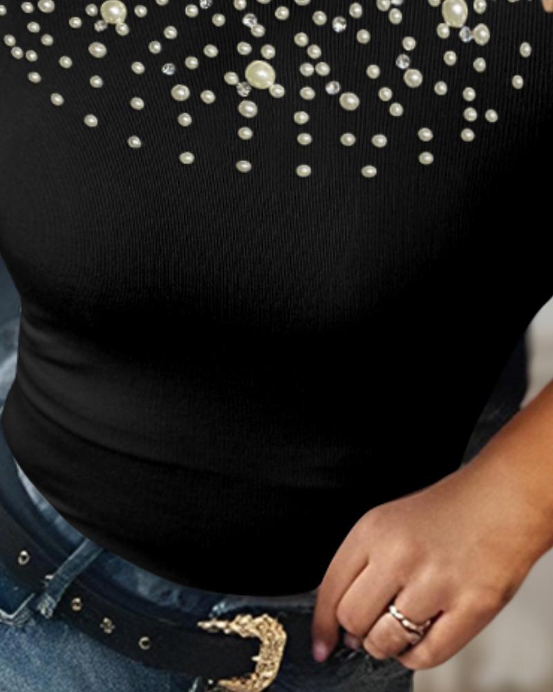 Pearls Decor Round Neck Short Sleeve T Shirt Casual Slim Fit Crop Top