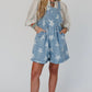 Light Blue Star Printed Buttoned Straps Pocketed Denim Romper