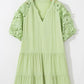 Laurel Green Floral Crochet Short Sleeve Notch V Neck Tiered Plus Size Mini Dress