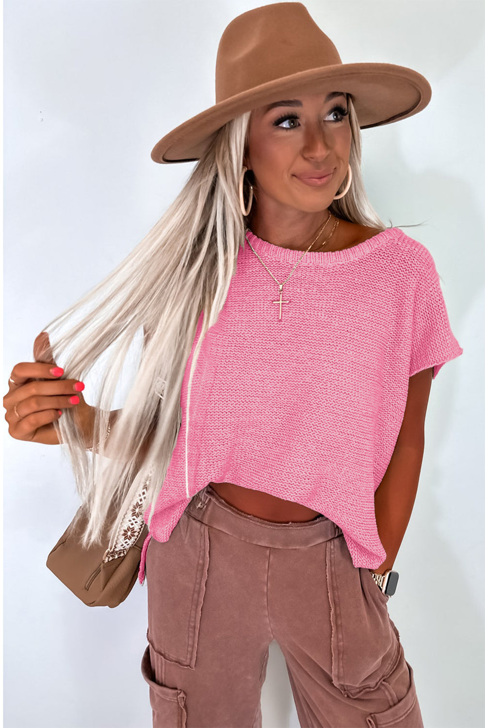 Sachet Pink Solid Color Sweater Tee with Side Slits