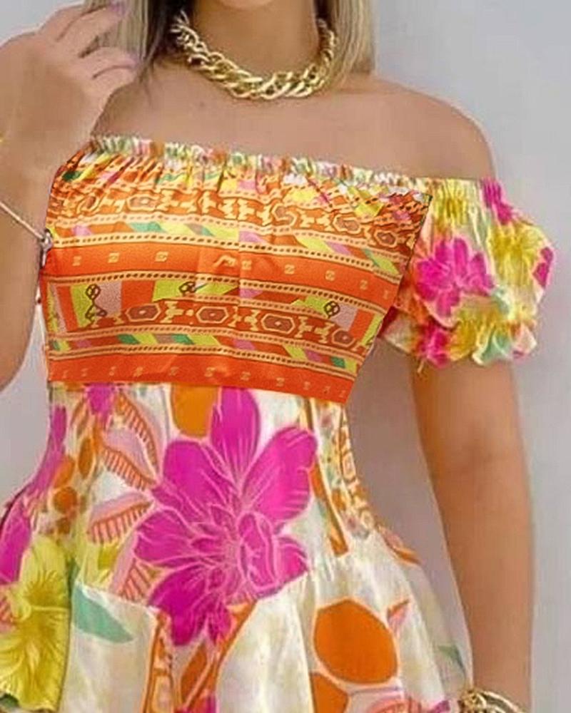 Off Shoulder Ruffle Hem Floral Print Dress