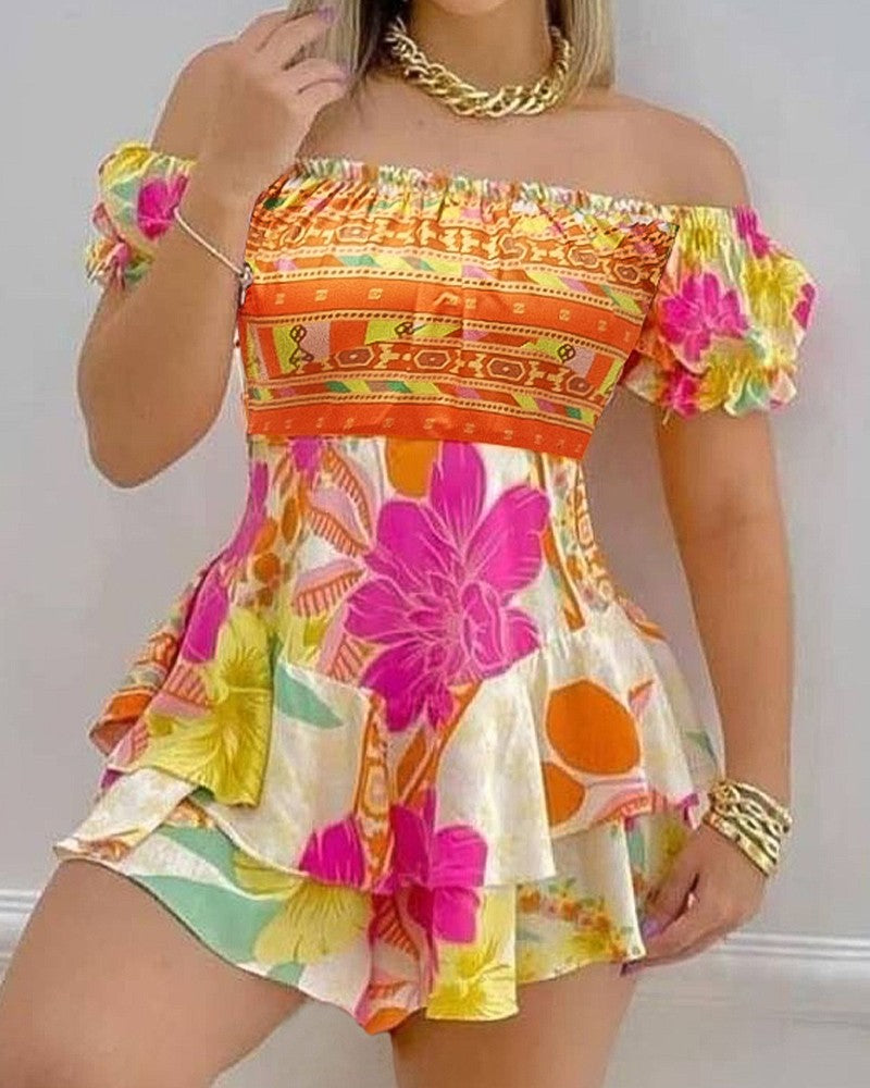 Off Shoulder Ruffle Hem Floral Print Dress