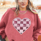 Strawberry Pink Checkerboard Heart Graphic Ribbed Valentines Sweatshirt