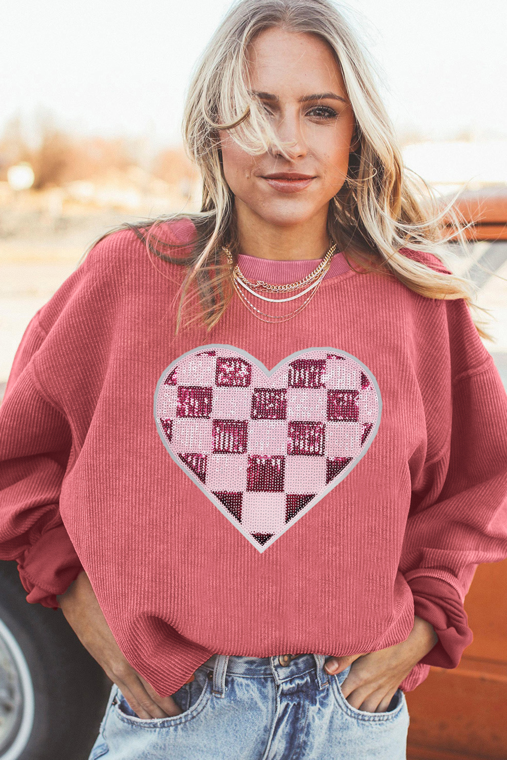 Strawberry Pink Checkerboard Heart Graphic Ribbed Valentines Sweatshirt