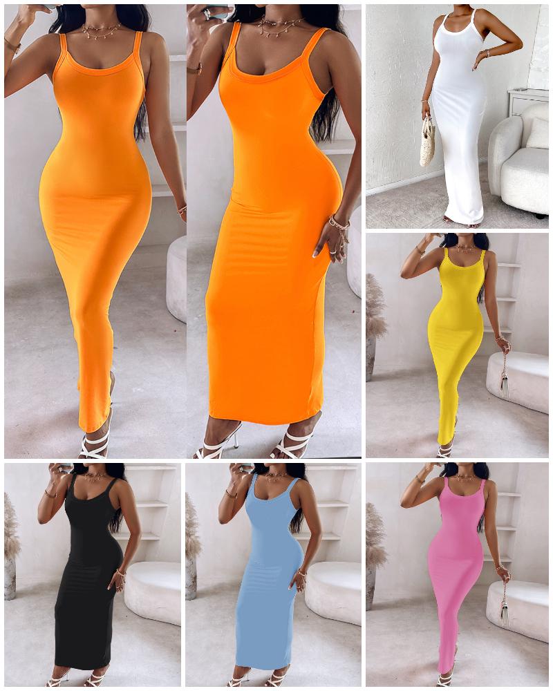 Spaghetti Strap U Neck Casual Maxi Dresses Slim Fit Cami Dress Party Club Bodycon Dress
