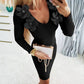Floral Pattern V Neck Bodycon Mini Dress Long Sleeve Knit Sweater Dress