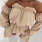 Off the Shoulder Frill Hem Puff Sleeve Blouse Casual Waist Ruched Chiffon Top