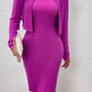 Rose Red Textured Bodycon Midi Dress with Long Sleeve Buttoned Top