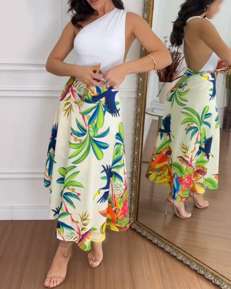 High Waist Tropical Print Tied Detail Skirt