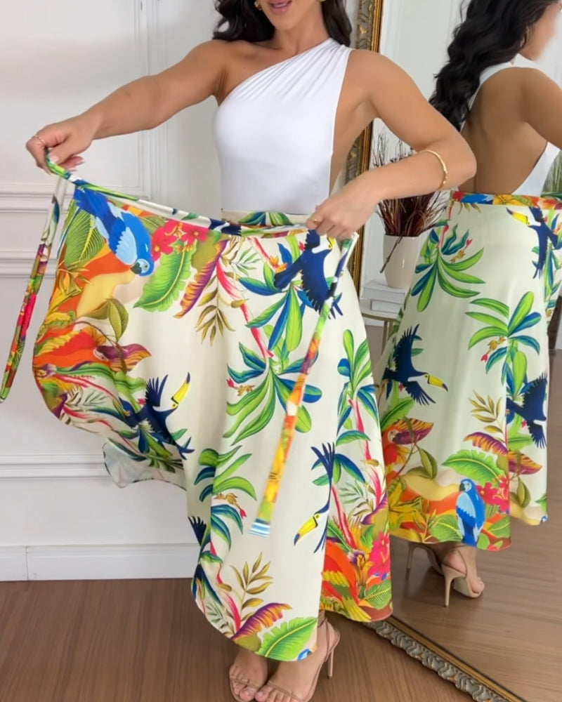 High Waist Tropical Print Tied Detail Skirt