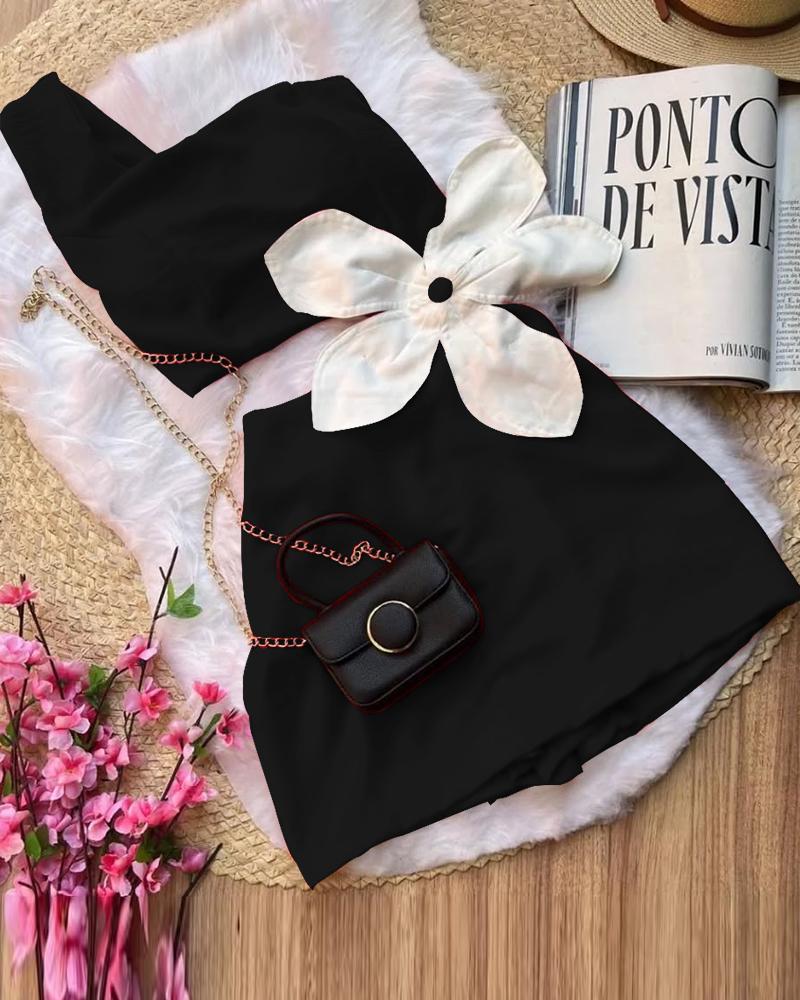 Colorblock 3D Flower Decor One Shoulder Sleeveless Dress Sexy Waist Hollow Out Slim Fit A Line Dress