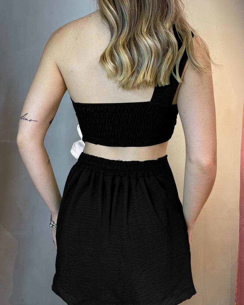 Colorblock 3D Flower Decor One Shoulder Sleeveless Dress Sexy Waist Hollow Out Slim Fit A Line Dress