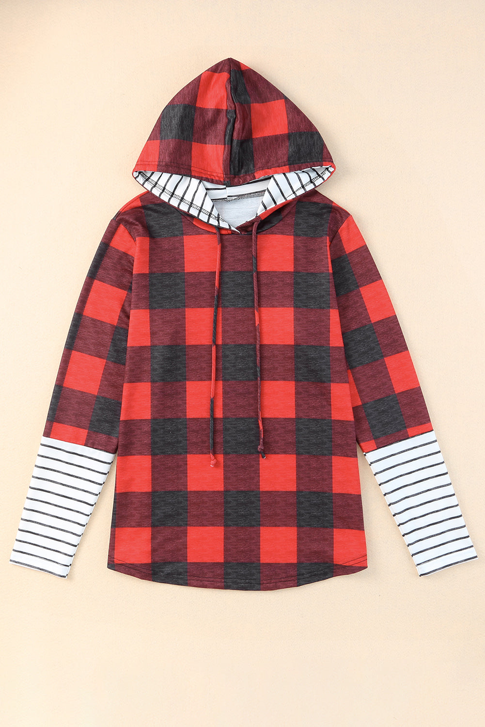 Fiery Red Christmas Plaid Striped Patchwork Drawstring Hoodie