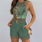 Hollow Out Tank Top & Floral Print Shorts Set With Belt