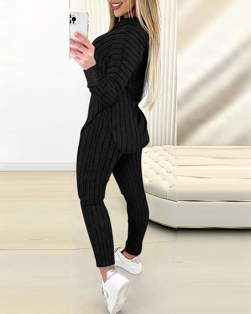 Lace Patch Ribbed Hooded Top & Pocket Design Pants Set