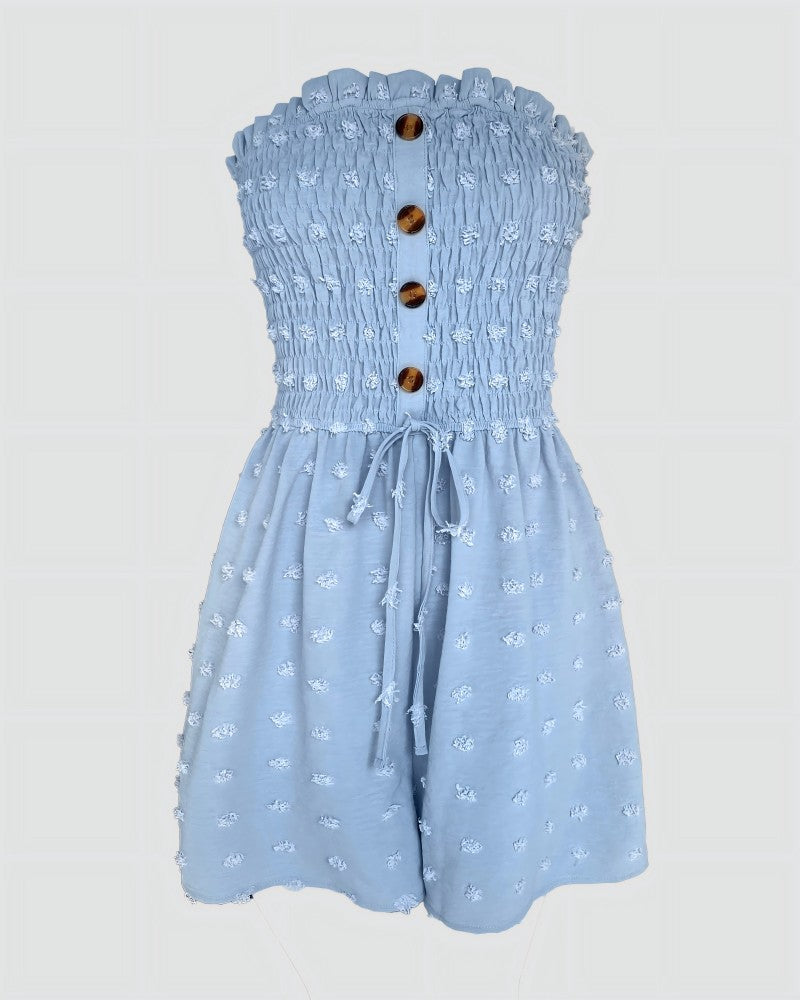 Floral Print Bandeau Shirred Rompers Casual Button Decor Tied Waist Short Jumpsuit