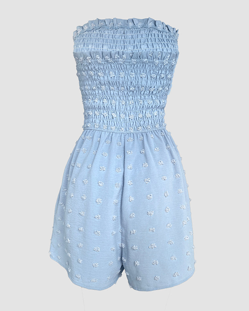 Floral Print Bandeau Shirred Rompers Casual Button Decor Tied Waist Short Jumpsuit