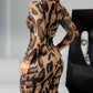Leopard Print Long Sleeve Waist Hollow Out Bodycon Dress Casual Slim Fit Mini Dress