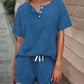 2 Pieces Outfit Round Neck Button Decor Short Sleeve Top and Casual Drastring Shorts Set with Pockets