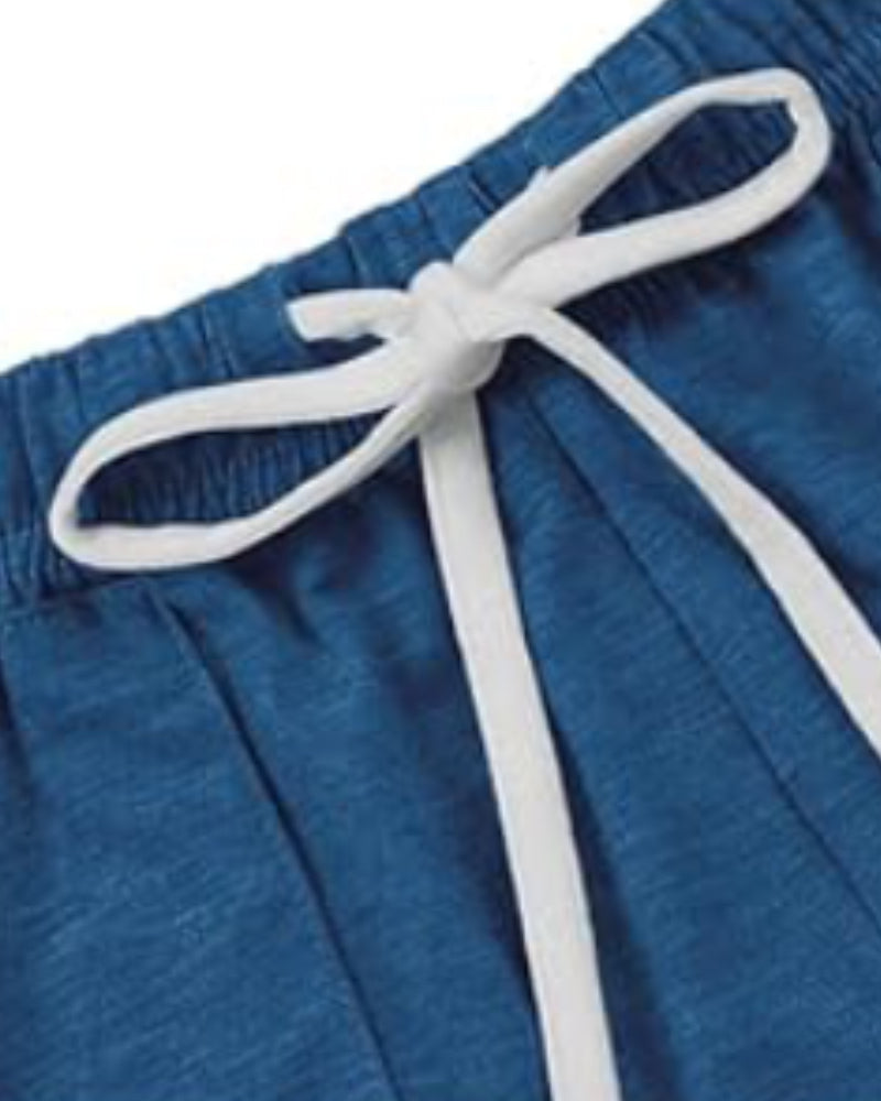 2 Pieces Outfit Round Neck Button Decor Short Sleeve Top and Casual Drastring Shorts Set with Pockets