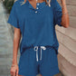 2 Pieces Outfit Round Neck Button Decor Short Sleeve Top and Casual Drastring Shorts Set with Pockets