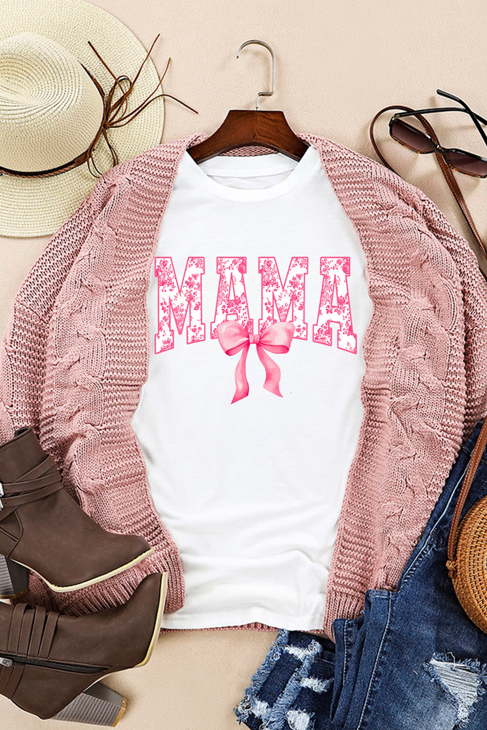 White Floral MAMA Lettering Bow Printed T Shirt