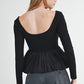 Black Ribbed Knit Long Sleeve Scoop Neck Peplum Patchwork Top