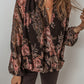 Black Floral Print Criss Cross V Neck Balloon Sleeve Blouse
