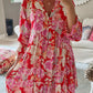 Red Floral Print High Waist V Neck Babydoll Mini Dress