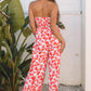 Pink Floral Print Twisted Bandeau Keyhole Pleated Wide Leg Jumpsuit