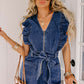 Sail Blue Denim Ruffled Zipped Front Belted Romper