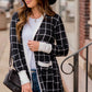 Black Plaid Colorblock Edge Open Cardigan with Pocket