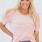 Pink Stripe Textured Puff Sleeve Crewneck Top