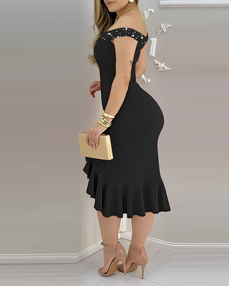Beaded Off Shoulder Ruffles Slit Party Dress