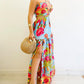 Floral Print Criss Cross Halter Slit Dress Casual Hollow Our Ruffes Vacation Maxi Dress
