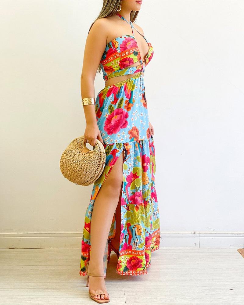 Floral Print Criss Cross Halter Slit Dress Casual Hollow Our Ruffes Vacation Maxi Dress