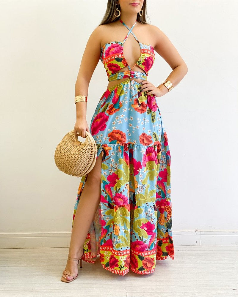 Floral Print Criss Cross Halter Slit Dress Casual Hollow Our Ruffes Vacation Maxi Dress