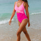 Rose Red Ric Rac Trim Contrasted Patchwork Cutout One Piece Swimsuit