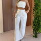 2 Pieces Outfit Weaving Textured Spaghetti Strap Crop Top and Casual Wide Leg Pants Set