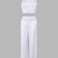 2 Pieces Outfit Weaving Textured Spaghetti Strap Crop Top and Casual Wide Leg Pants Set